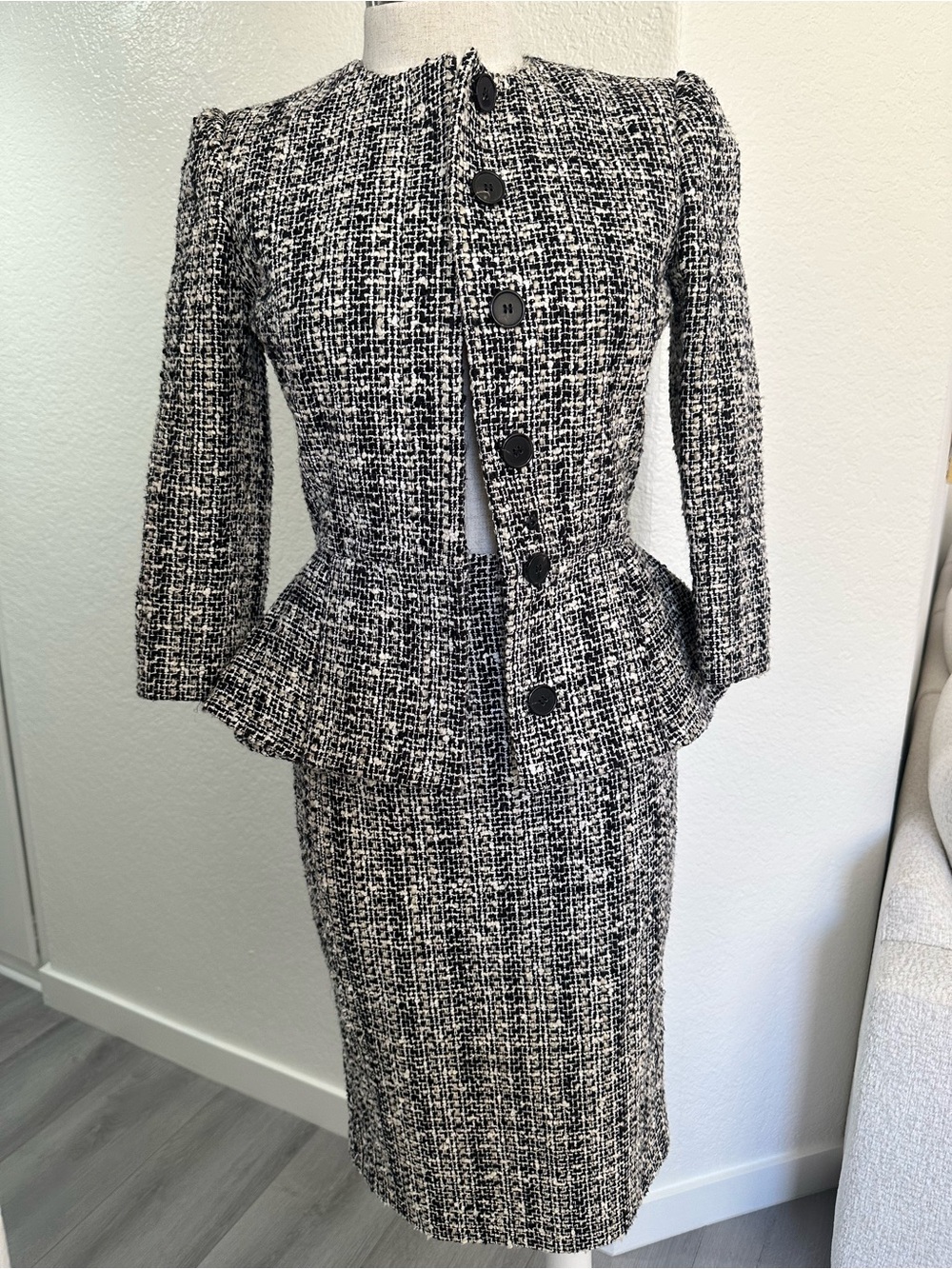 Alexander McQueen Black and White Tweed Peplum Pencil Skirt